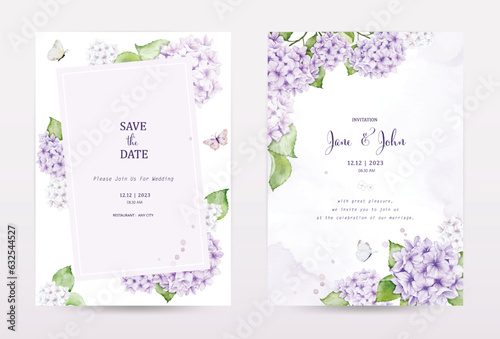 Set of pastel watercolor invitation cards with purple hydrangea flowers