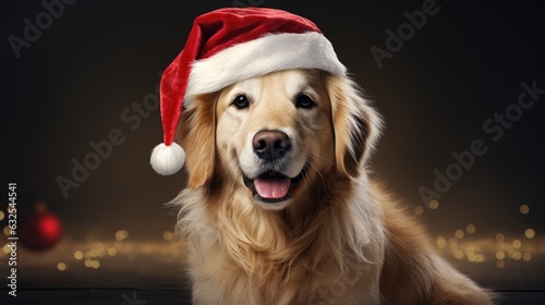 golden retriever in christmas hat © PinkiePie