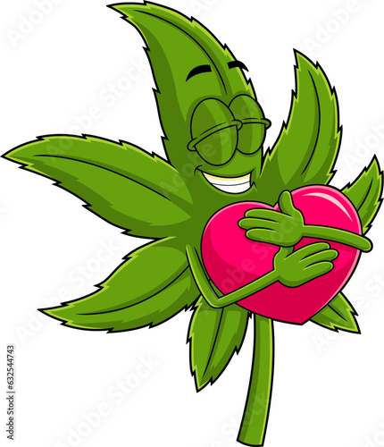 Happy Marijuana Leaf Cartoon Character Hugging Heart. Vector Hand Drawn Illustration Isolated On Transparent Background