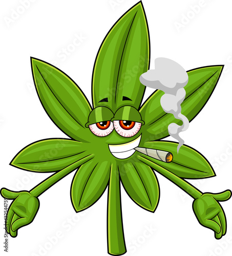 Funny Marijuana Leaf Cartoon Character Smoking A Joint With Opened Arms. Vector Hand Drawn Illustration Isolated On Transparent Background