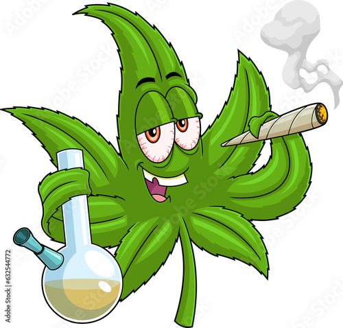 Smiling Marijuana Leaf Cartoon Character Holding A Bong And Smoking A Joint. Vector Hand Drawn Illustration Isolated On Transparent Background