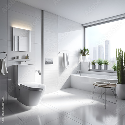 Sunlit bathroom with city view and modern design.