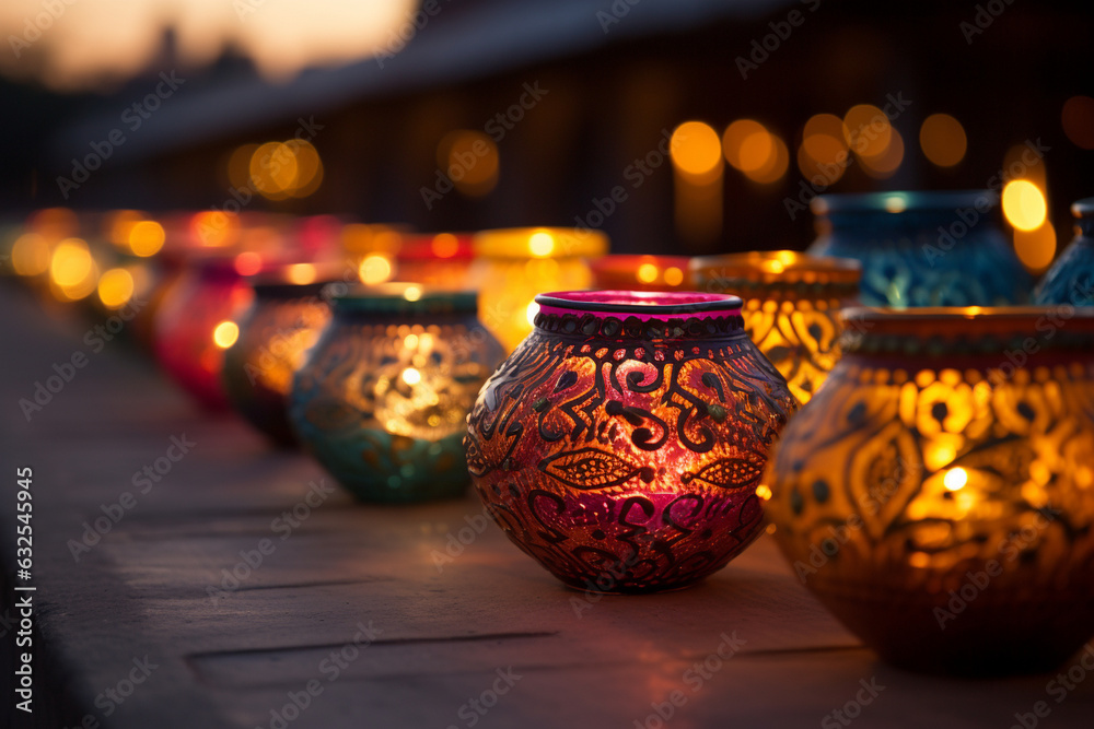 Glowing Diyas and Lamps at Dusk Generative AI Glowing Diyas and Lamps at Dusk Generative AI