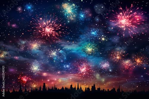 Burst of Colorful Fireworks in the Night Sky Generative AI