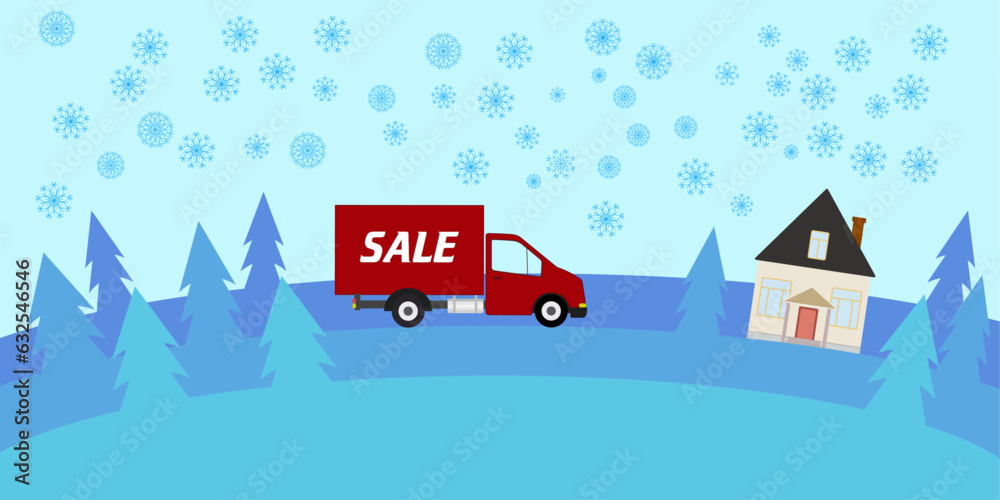 A red van with the inscription sale goes to the house through the winter forest. The concept of a Christmas, New Year's sale. Vector, flat illustration