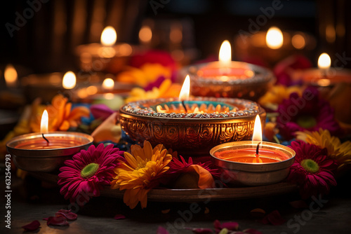 shot of artistic arrangements featuring candles and diyas  creating a harmonious display of light and color Generative AI