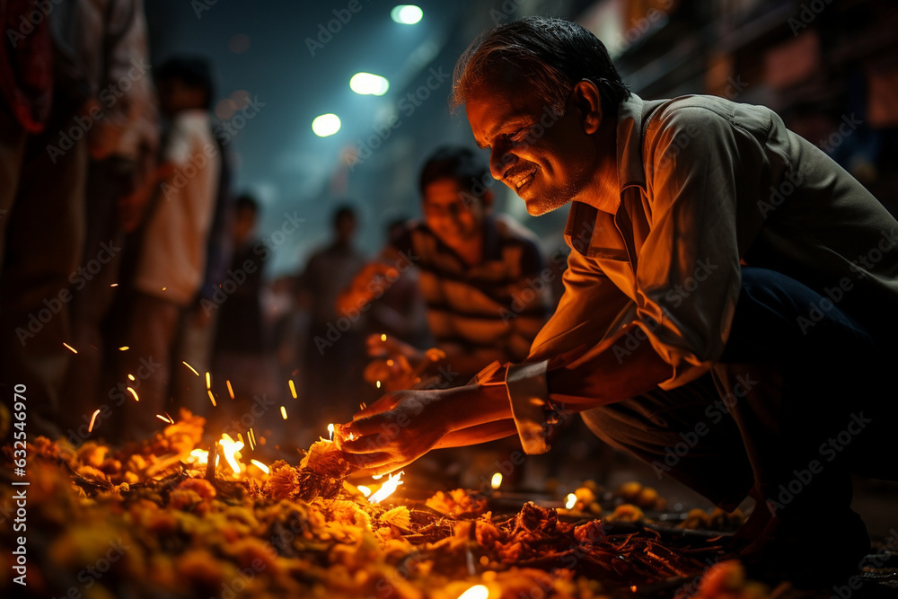 symbolic shot of people lighting firecrackers with reverence and joy, evoking the festive spirit of Diwali Generative AI symbolic shot of people lighting firecrackers with reverence and joy, evoking the festive spirit of Diwali Generative AI