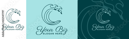 Waves shaped flying ducks in monoline style logo concept