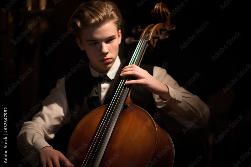 a young cellist playing his instrument while on stage a young cellist playing his instrument while on stage