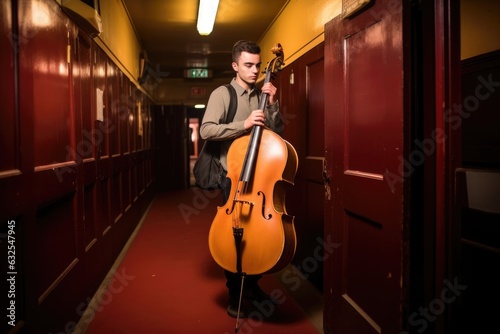 a young man carrying his cello while walking backstage at a music hall