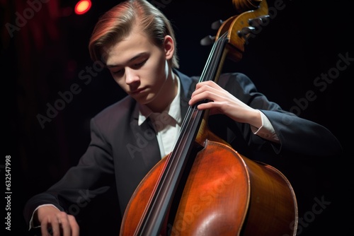 a young cellist playing his instrument while on stage