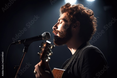 shot of a musician singing and playing the guitar on stage