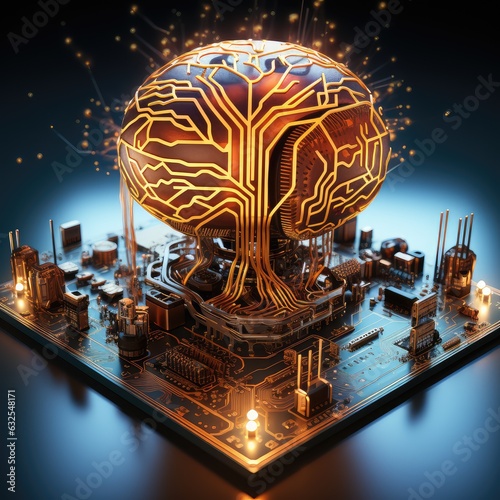 artificial brain microchip on motherboard of supercomputer