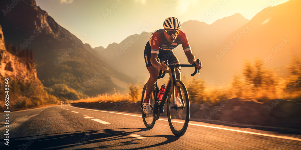 Professional road bicycle racer in action. mountain road bike at sunset ...