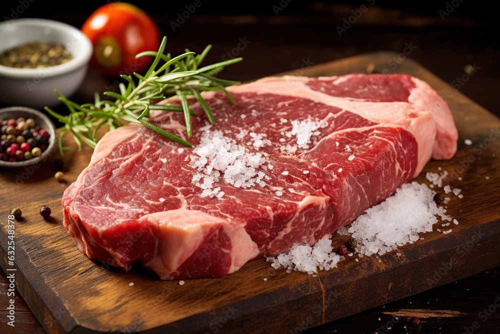 Raw meat steak with rosemary and spices on wooden background