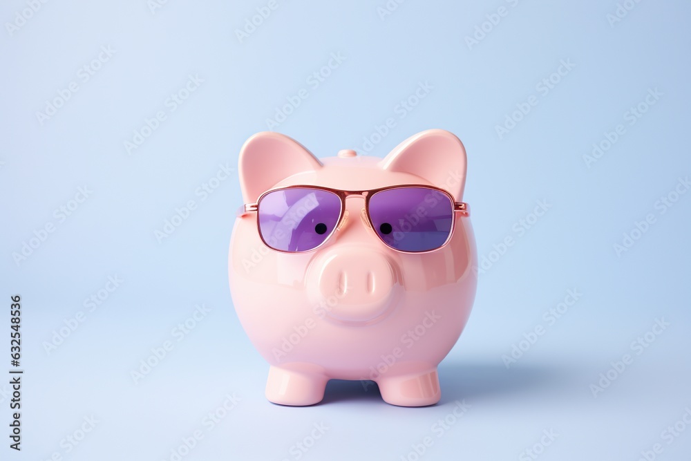 Piggybank with sunglasses on grey background Piggybank with sunglasses on grey background
