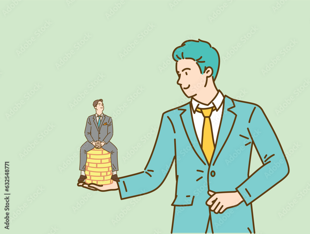 Confident two young businessman sitting on top of a money