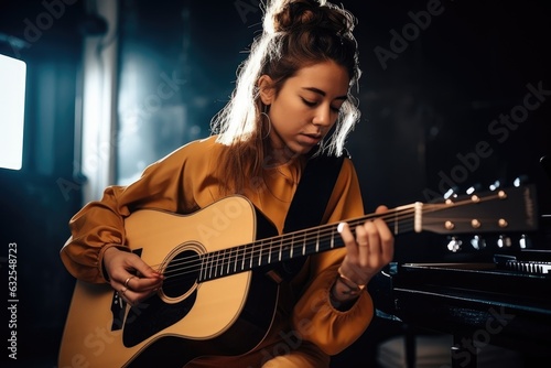 shot of a female musician performing on her guitar