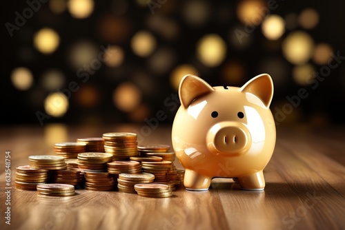 Piggybank with coins on brown wooden background