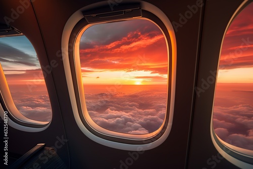 View from airplane window on the clouds with sunset