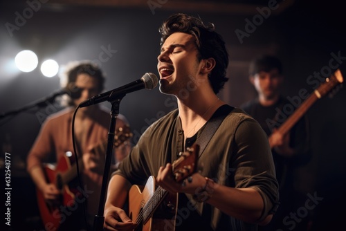 shot of a young man singing and playing guitar in front of his band photo