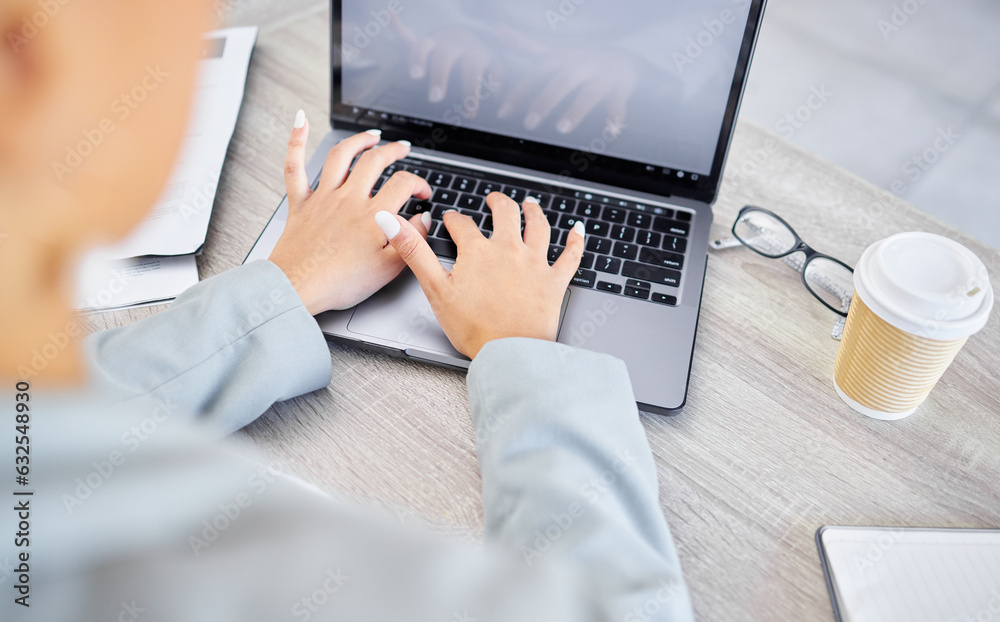 Fototapeta premium Hands, laptop and business woman with mockup in home office for design, advertising or marketing space. Keyboard, typing and social media financial influencer with screen for blog content creation