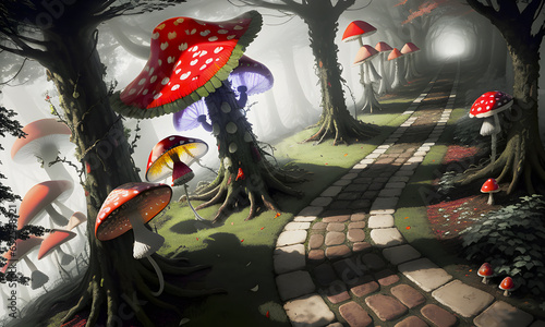 Mushroom forest of fly agaric in dense fog  created using artificial intelligence.