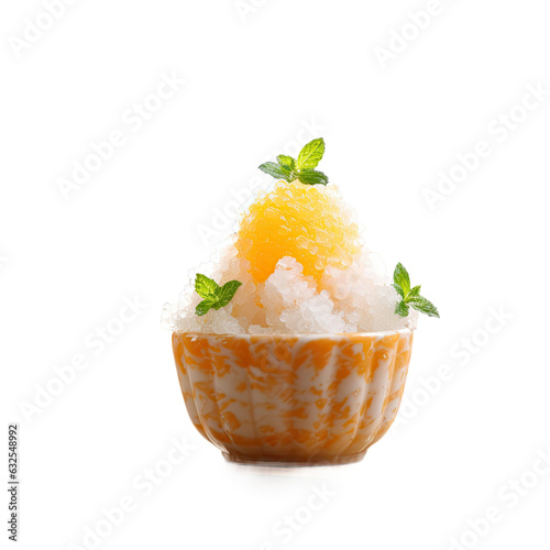 A serving of Japanese shaved ice with Yusu orange yogurt a mint leaf and cactus backdrop photo