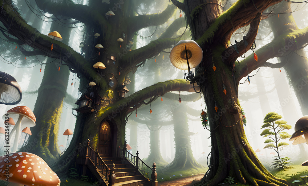 Mushroom forest of fly agaric in dense fog, created using artificial intelligence. Mushroom forest of fly agaric in dense fog, created using artificial intelligence.