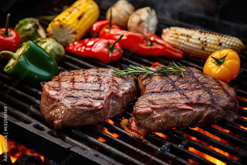 Grilled meat steak with rosemary and vegetables on grill