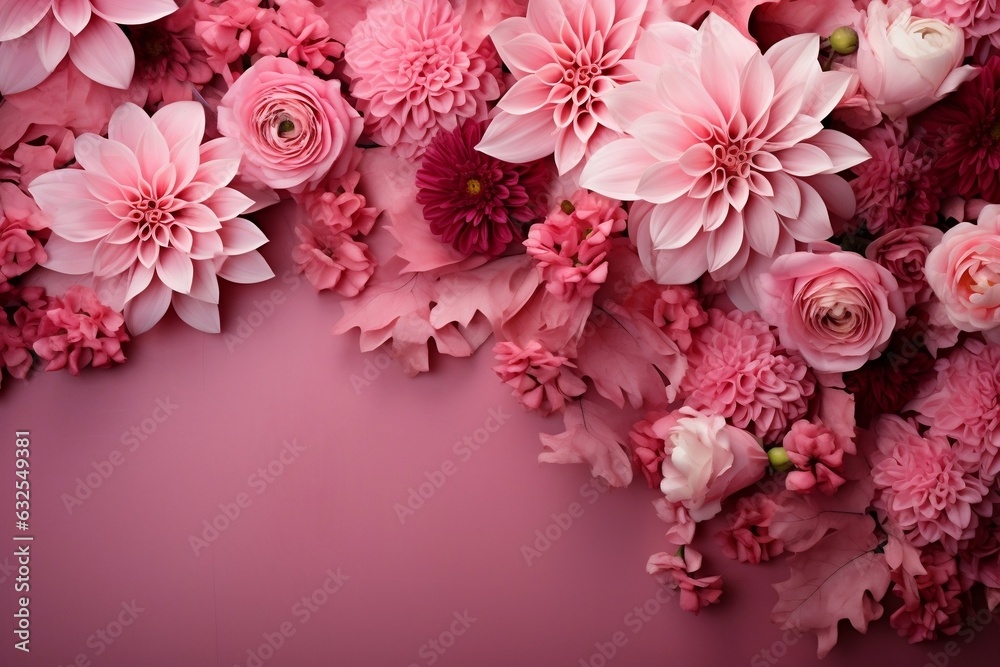 Pink Floral Wall with Empty Space Captured Photograph. Generative AI
