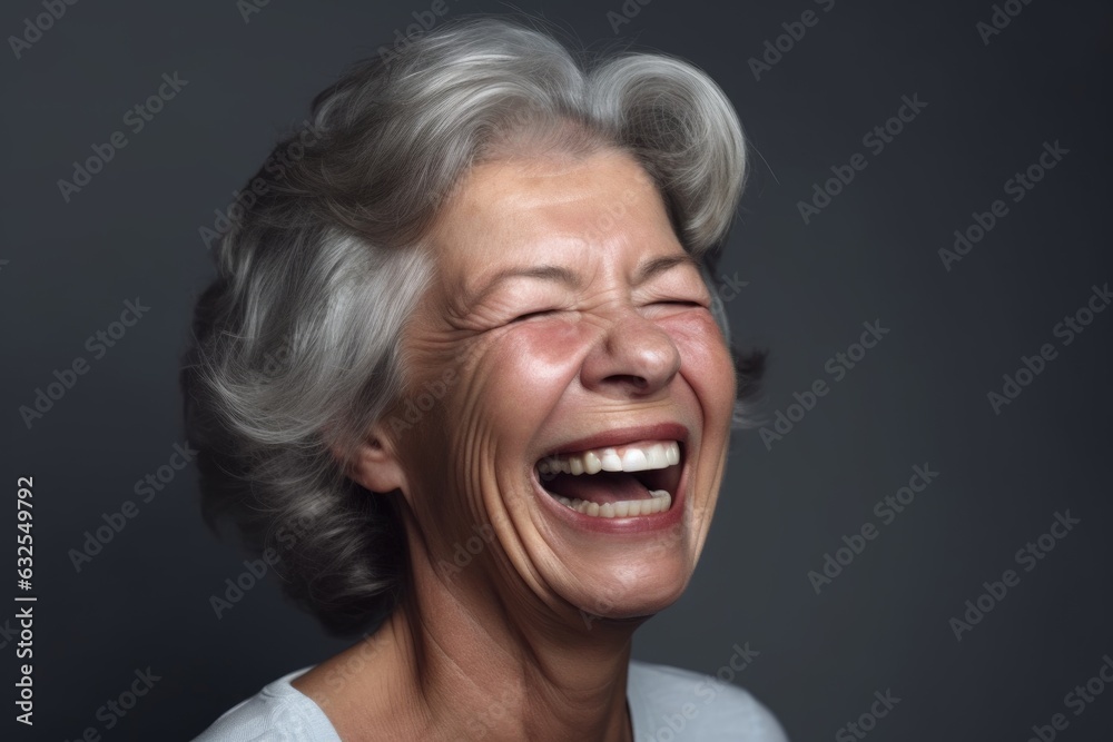 face, happy and a woman laughing in studio on a gray background