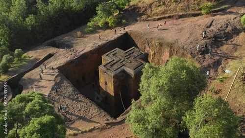 Aerial view of monolithic rock-cut church of bete giyorgis Lalibela Ethiopia