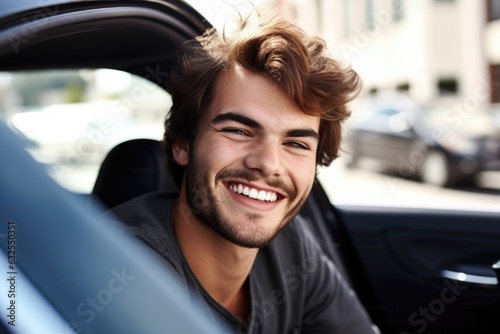 portrait of a smiling handsome young man sitting in his car outside © Natalia