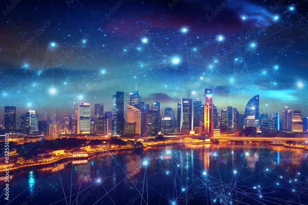 Generative AI : Network and Connection technology night city background at business center bangkok thailand Wireless skyline connection with energy light infographic Generative AI : Network and Connection technology night city background at business center bangkok thailand Wireless skyline connection with energy light infographic