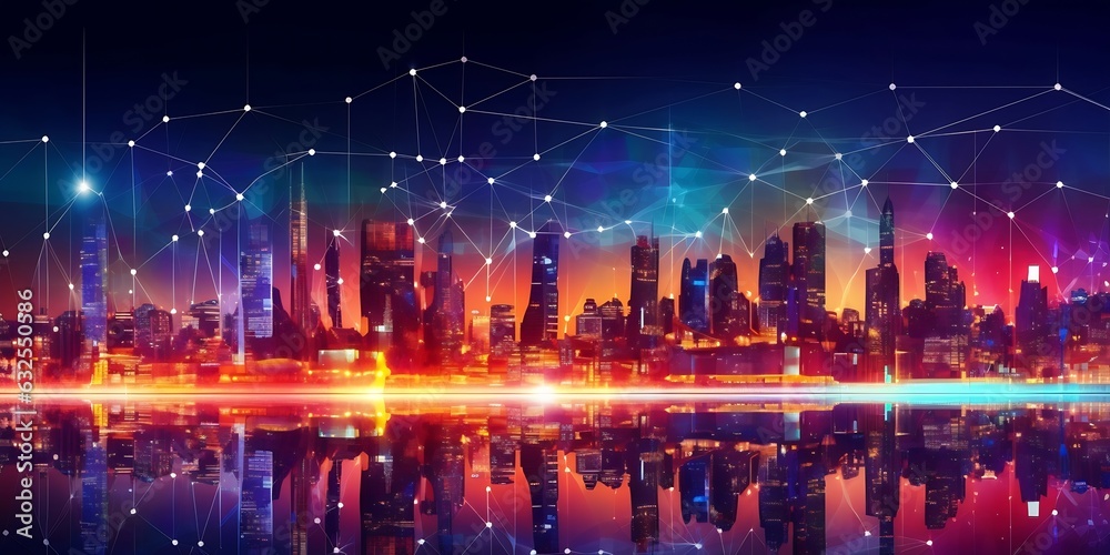 Generative AI : Network and Connection technology night city background at business center bangkok thailand Wireless skyline connection with energy light infographic