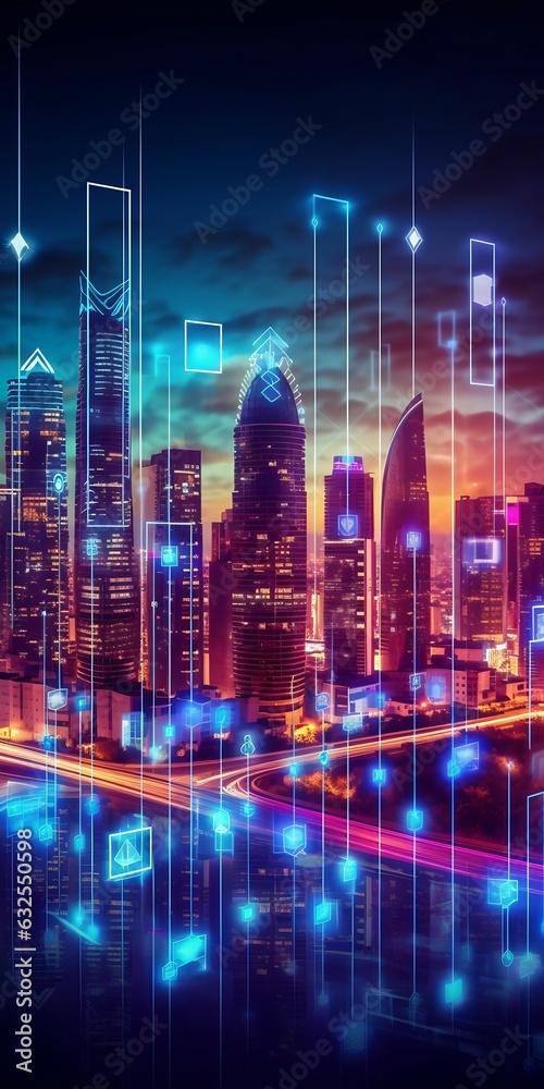 Generative AI : Network and Connection technology night city background at business center bangkok thailand Wireless skyline connection with energy light infographic 5G connection concept