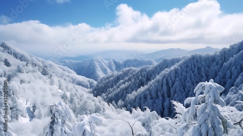 Generative AI : Japan landscape scenic view from godaido hall observation deck yamadera shrine temple yamagata prefecture tohoku region asia with snow mountain valley in winter season Beautiful unseen photo