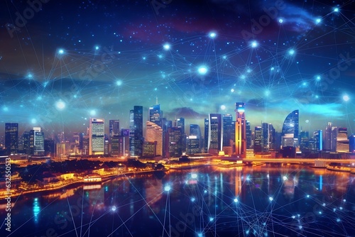 Generative AI   Network and Connection technology night city background at business center bangkok thailand Wireless skyline connection with energy light infographic