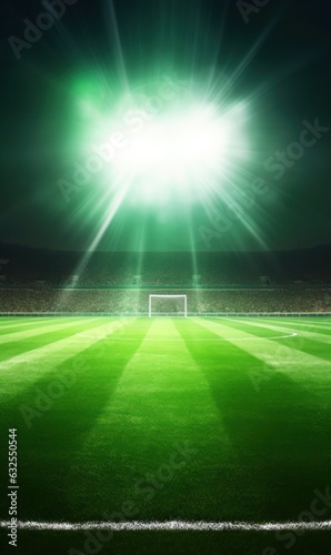 Green soccer field with bright lights in the back - Football stadium game night - Soccer net and goal