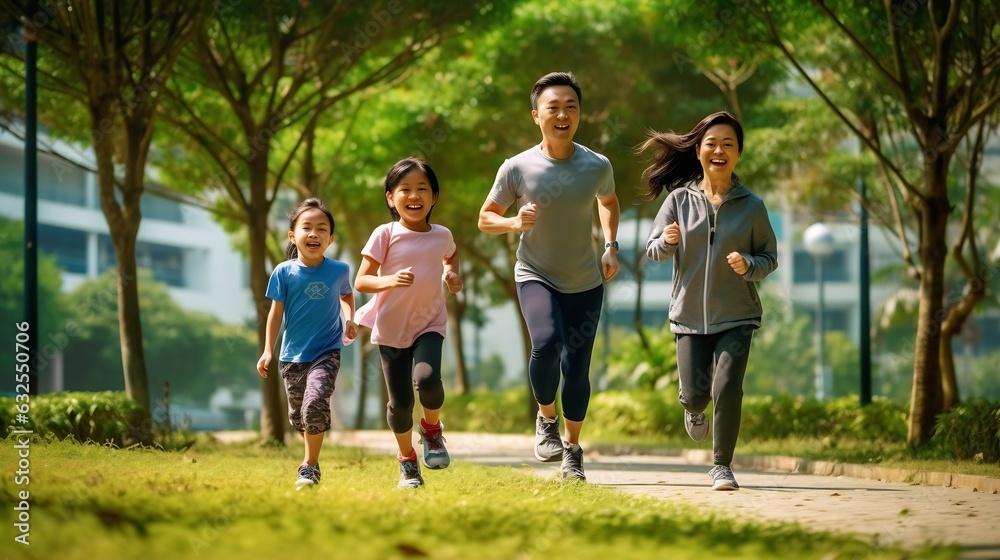 Generative AI : Young attractive happy asian family playing by running together in outside nature park in home school learning or montessori concept with white and blue casual wearing Asian lifestyle  - obrazy, fototapety, plakaty 