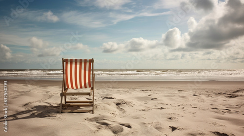 landscape illustration of beach with beach chair on sand. Created with Generative AI