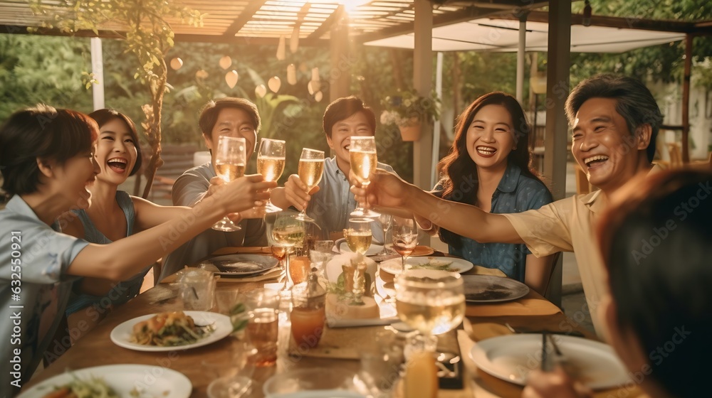 Generative AI : Mom enjoy thai meal cooking for family day home dining at dine table cozy patio Mum passing serving food to group four asia people young adult man woman friend fun joy relax warm night