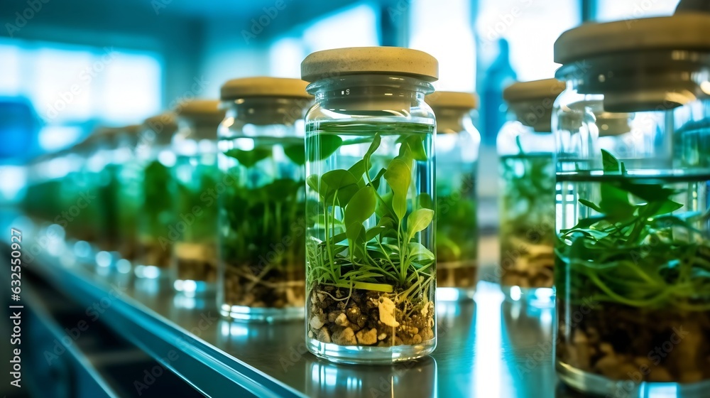 Generative AI : Orchids tissue culture seedlings in glasses jars in laboratory room Smart farm agriculture industry and biotechnology concept Growing seeds or sprouts plant by germination development - obrazy, fototapety, plakaty 