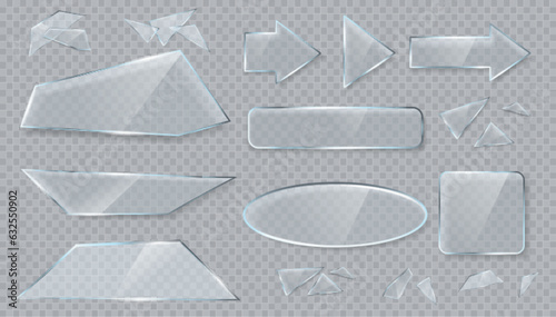 Vector transparent glass design elements for game and web. Arrows and objects.  Broken glass with sharp pieces