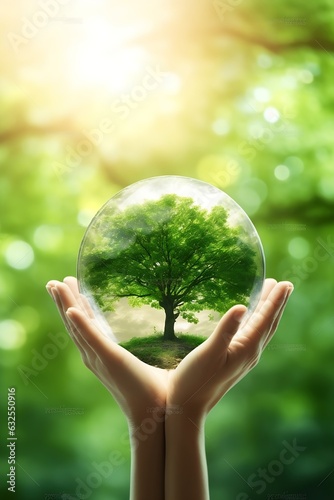 Generative AI : Mans hand is holding and giving water element to Mans hand is holding the earth and a tree with green natural background and light on top of left The earth image provided by NASA