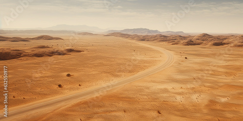 illustration of a road through the desert. Desert landscape, sand and road leading to the horizon. Created with Generative AI