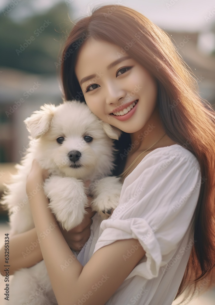 Generative AI : Asia woman people enjoy staycation pet owner getaway good time day with small puppy dog lover sit relax happy care hug and kiss cute friend at rural calm lake pier with blue sky in nat Generative AI : Asia woman people enjoy staycation pet owner getaway good time day with small puppy dog lover sit relax happy care hug and kiss cute friend at rural calm lake pier with blue sky in nat