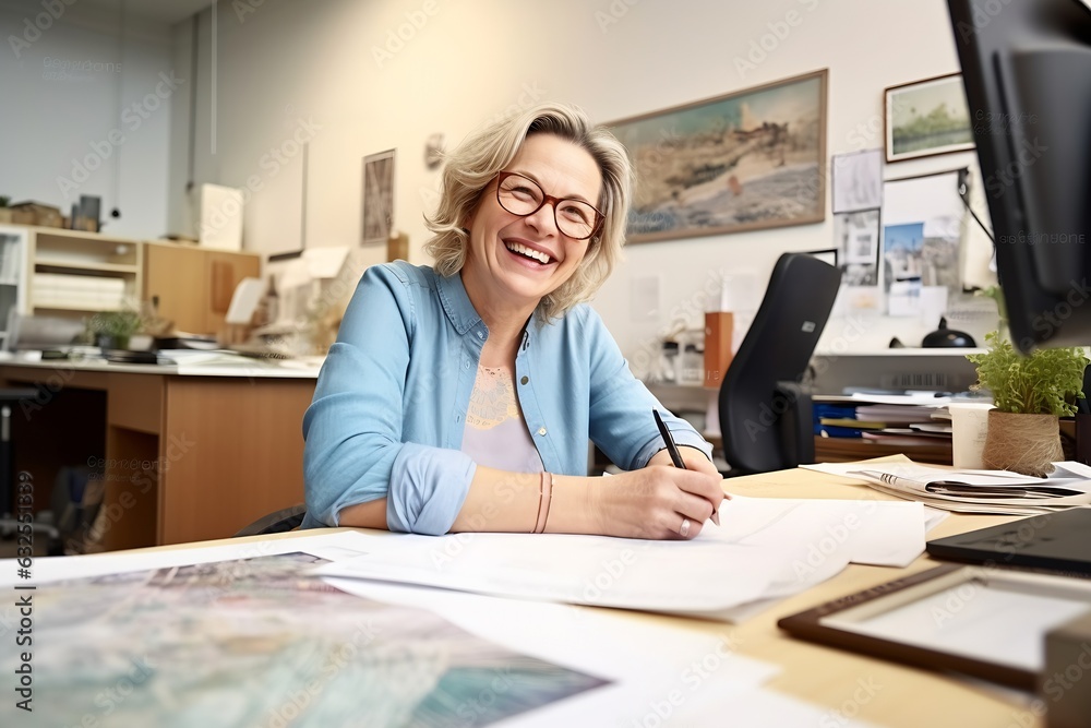 Generative AI : Mature senior business woman manager taking effective note and signing approval in paper at modern office Generative AI : Mature senior business woman manager taking effective note and signing approval in paper at modern office