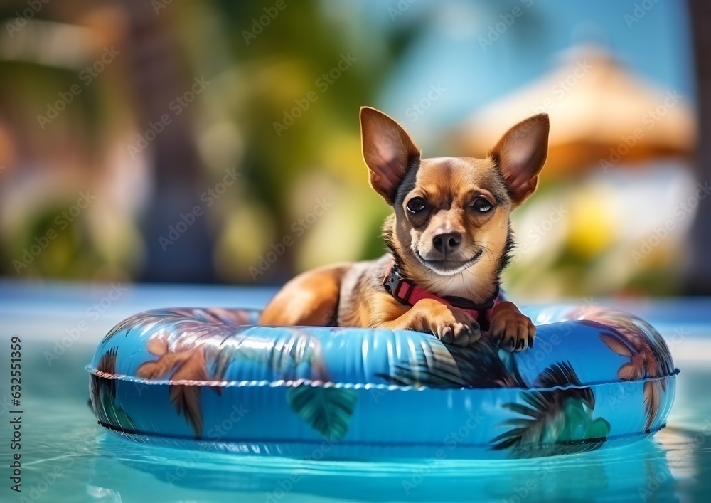 Generative AI : Young chihuahua dog wearing life vest jacket swim in swimming pool with relax leisure time on holiday Overweight adorable dog retreat lose weight by exercise for healthy Summer happy t